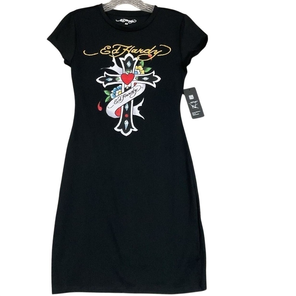 Ed Hardy Graphic Bodycon Dress Womens XS Black NEW Tattoo Cross Heart EHW3107-6